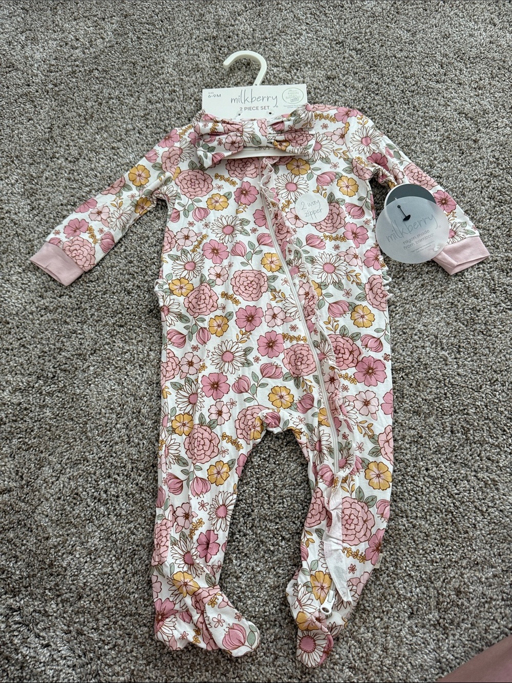 Milkberry Pink Floral Footed One-Piece with Headband
